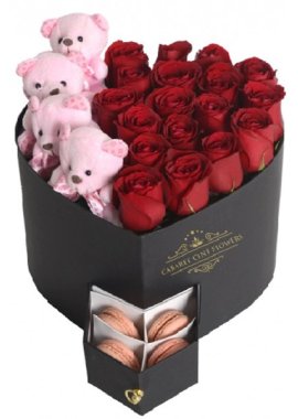 Kalpli Kutu İçerisinde Kırmızı Renkli Gül ve Pembe Ayıcıklar (Makaron)